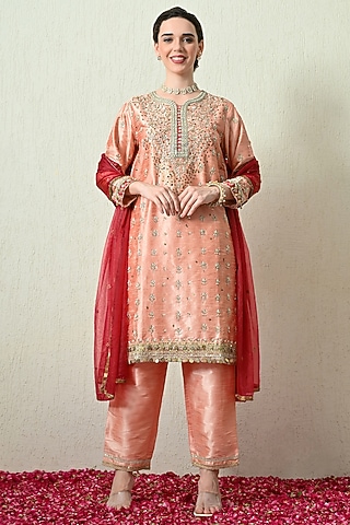 Peach Raw Silk Hand Embroidered Kurta Set by OHH CROW INDIA