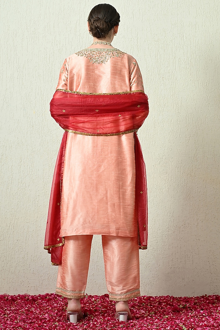Peach Raw Silk Hand Embroidered Kurta Set by OHH CROW INDIA at Pernia's Pop Up Shop