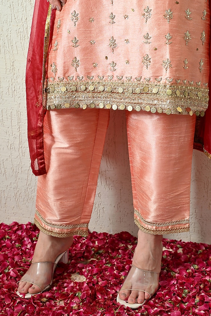 Peach Raw Silk Hand Embroidered Kurta Set by OHH CROW INDIA at Pernia's Pop Up Shop
