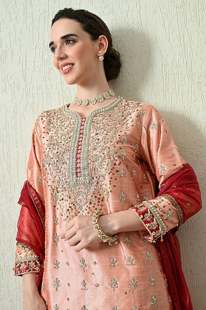 Peach Raw Silk Hand Embroidered Kurta Set by OHH CROW INDIA at Pernia's Pop Up Shop