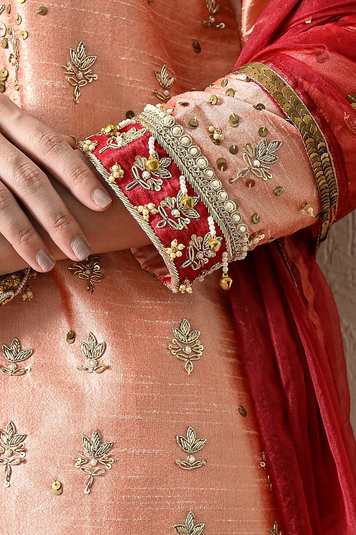 Peach Raw Silk Hand Embroidered Kurta Set by OHH CROW INDIA at Pernia's Pop Up Shop