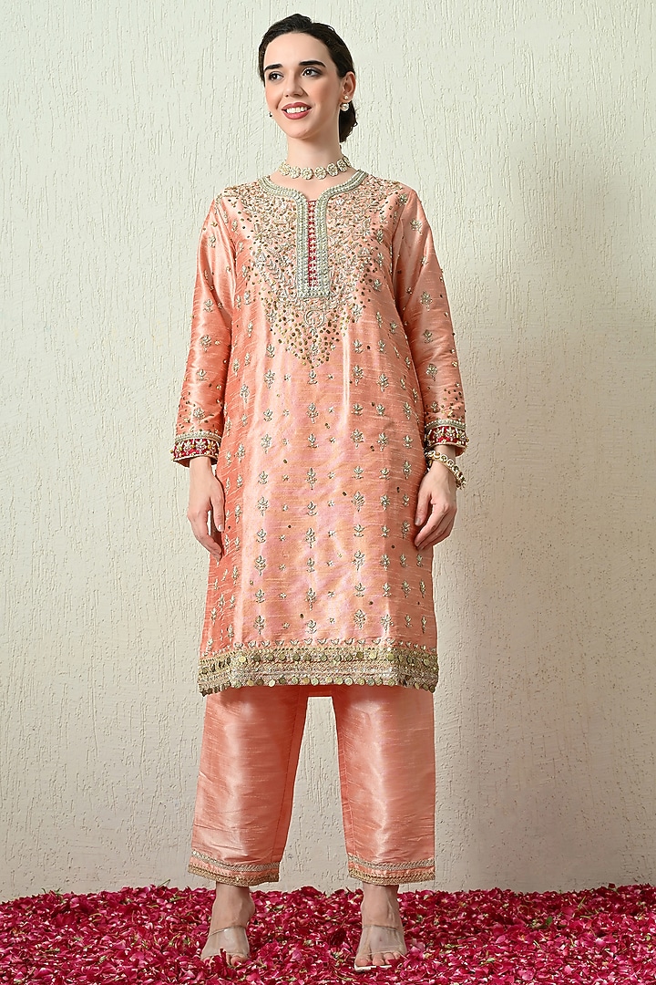 Peach Raw Silk Hand Embroidered Kurta Set by OHH CROW INDIA at Pernia's Pop Up Shop