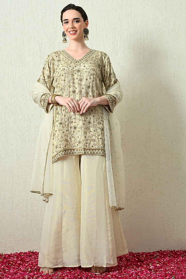 Ivory Tissue Silk Wedding Sharara Set by OHH CROW INDIA at Pernia's Pop Up Shop