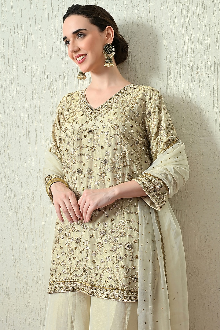 Ivory Tissue Silk Wedding Sharara Set by OHH CROW INDIA at Pernia's Pop Up Shop