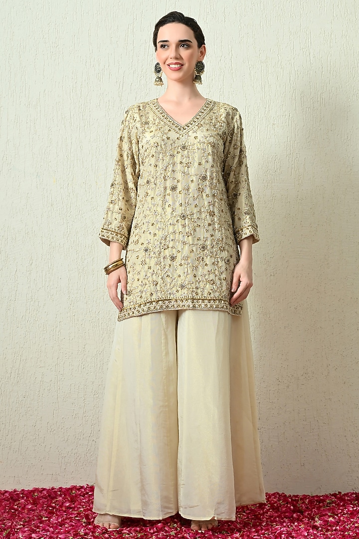 Ivory Tissue Silk Wedding Sharara Set by OHH CROW INDIA at Pernia's Pop Up Shop