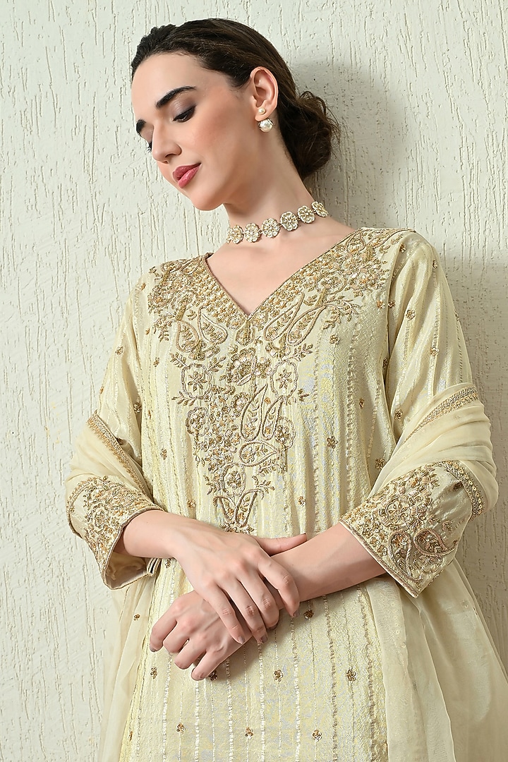Ivory Crushed Tissue Silk Hand Embroidered Kurta Set by OHH CROW INDIA at Pernia's Pop Up Shop