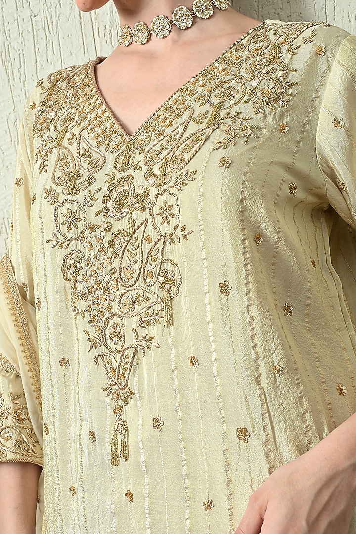 Ivory Crushed Tissue Silk Hand Embroidered Kurta Set by OHH CROW INDIA at Pernia's Pop Up Shop