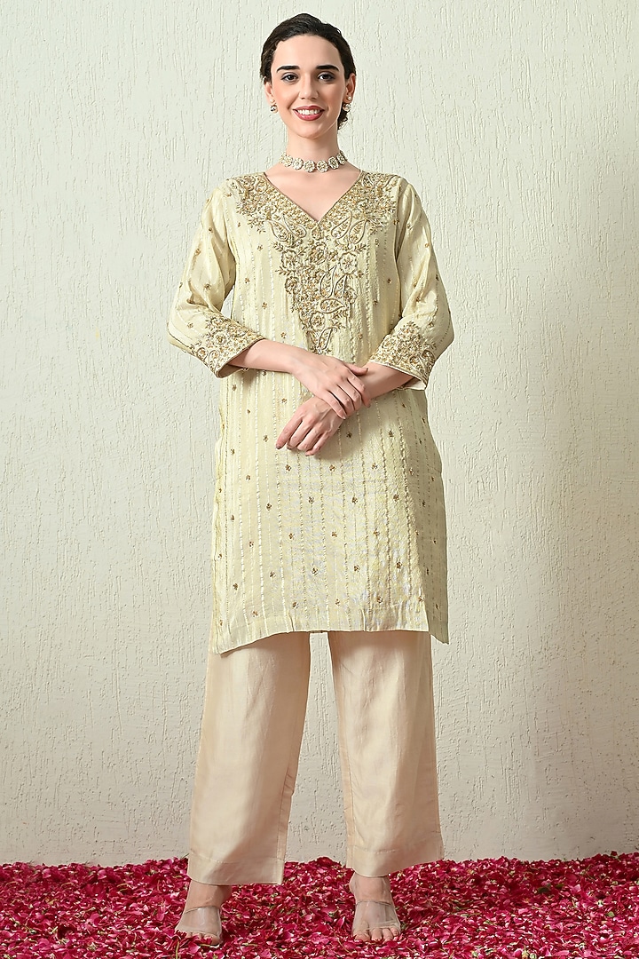Ivory Crushed Tissue Silk Hand Embroidered Kurta Set by OHH CROW INDIA at Pernia's Pop Up Shop