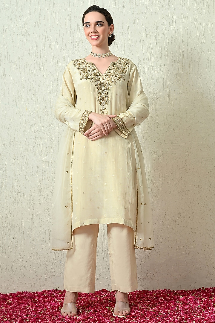 Ivory Crushed Tissue Silk Hand Embroidered Kurta Set by OHH CROW INDIA at Pernia's Pop Up Shop