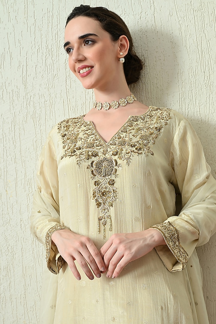 Ivory Crushed Tissue Silk Hand Embroidered Kurta Set by OHH CROW INDIA at Pernia's Pop Up Shop