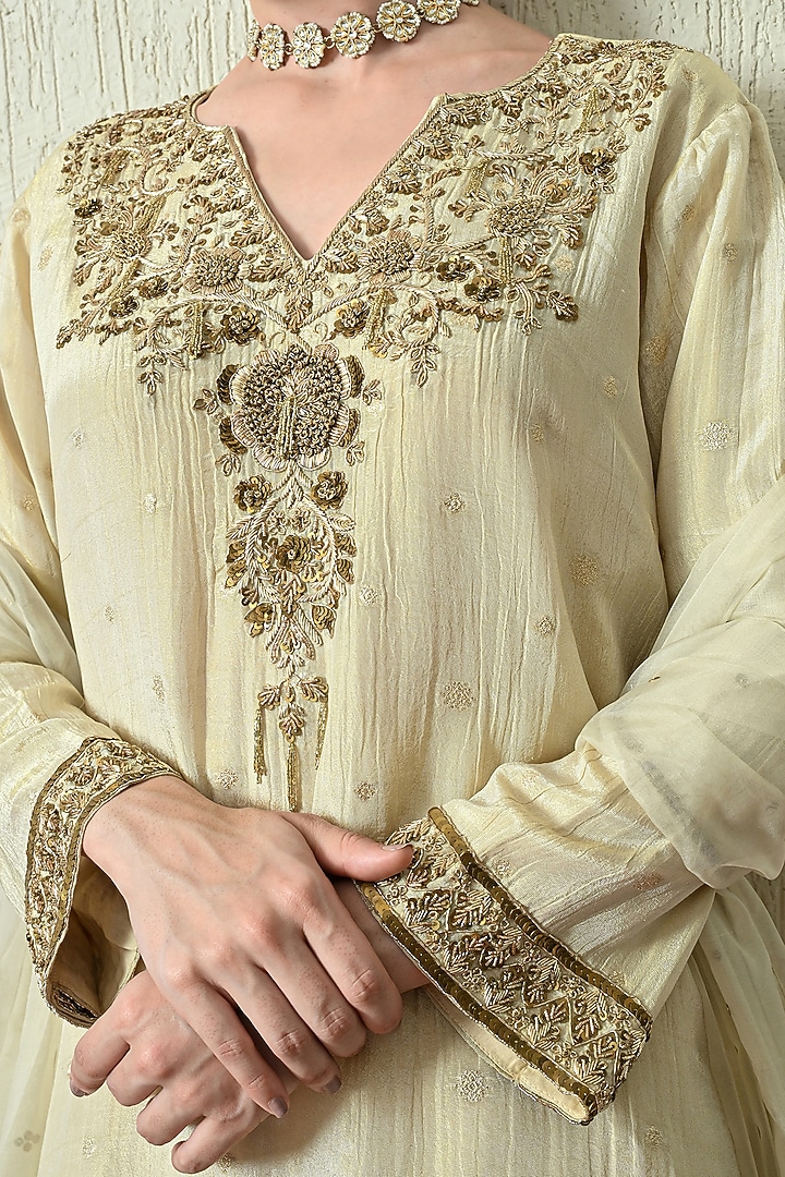 Ivory Crushed Tissue Silk Hand Embroidered Kurta Set by OHH CROW INDIA at Pernia's Pop Up Shop