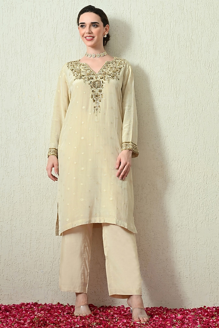 Ivory Crushed Tissue Silk Hand Embroidered Kurta Set by OHH CROW INDIA at Pernia's Pop Up Shop