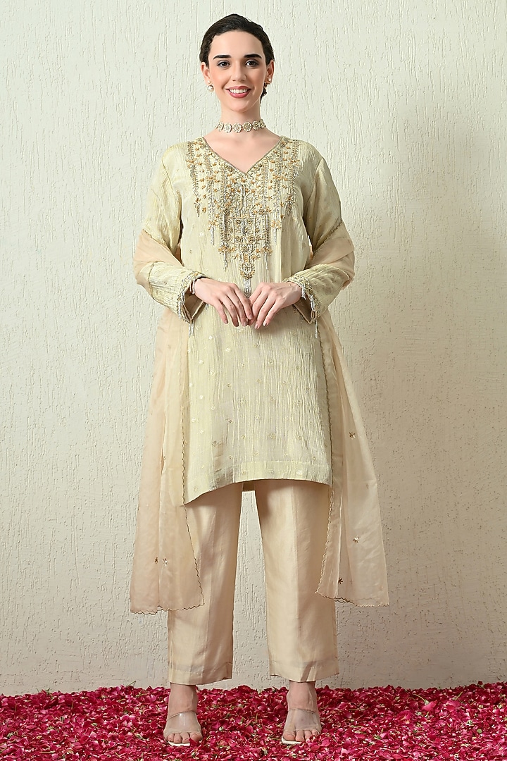 Ivory Crushed Tissue Silk Hand Embroidered Kurta Set by OHH CROW INDIA at Pernia's Pop Up Shop