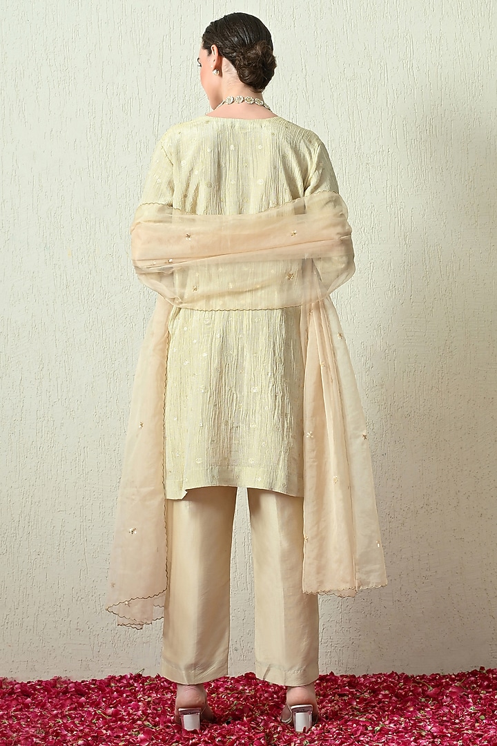 Ivory Crushed Tissue Silk Hand Embroidered Kurta Set by OHH CROW INDIA at Pernia's Pop Up Shop