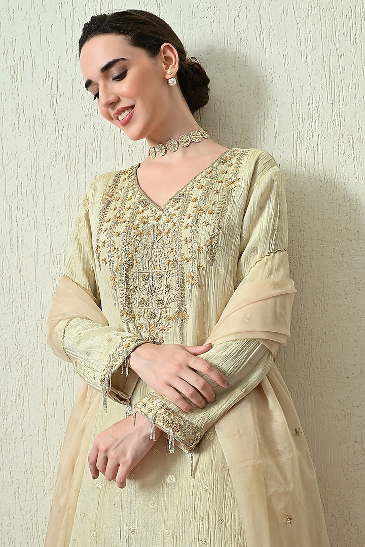 Ivory Crushed Tissue Silk Hand Embroidered Kurta Set by OHH CROW INDIA at Pernia's Pop Up Shop