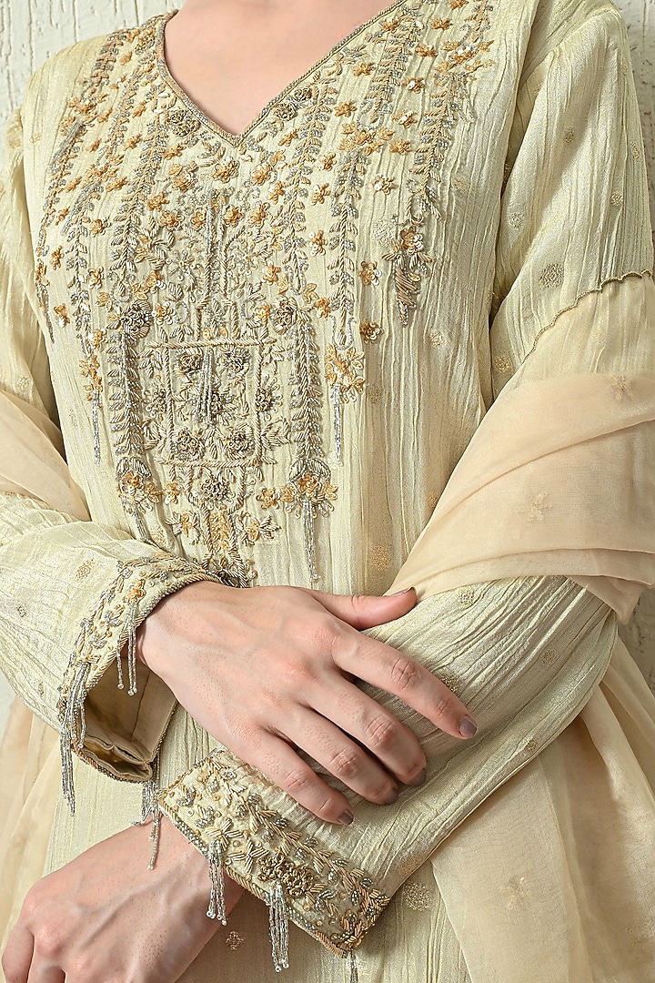 Ivory Crushed Tissue Silk Hand Embroidered Kurta Set by OHH CROW INDIA at Pernia's Pop Up Shop