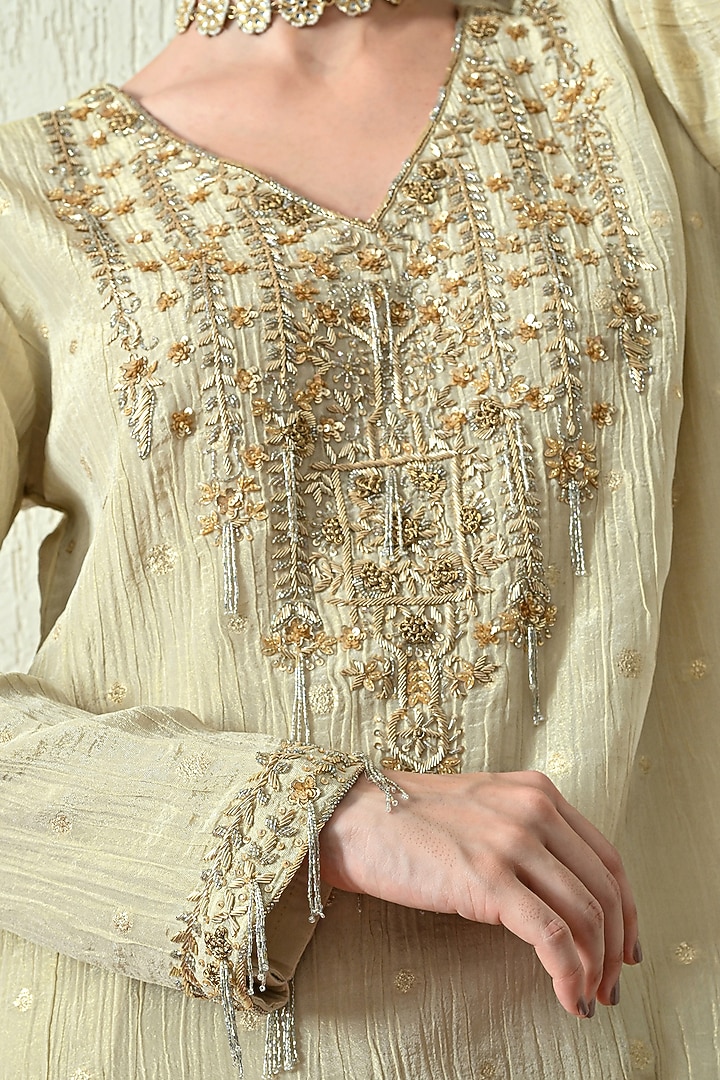 Ivory Crushed Tissue Silk Hand Embroidered Kurta Set by OHH CROW INDIA at Pernia's Pop Up Shop