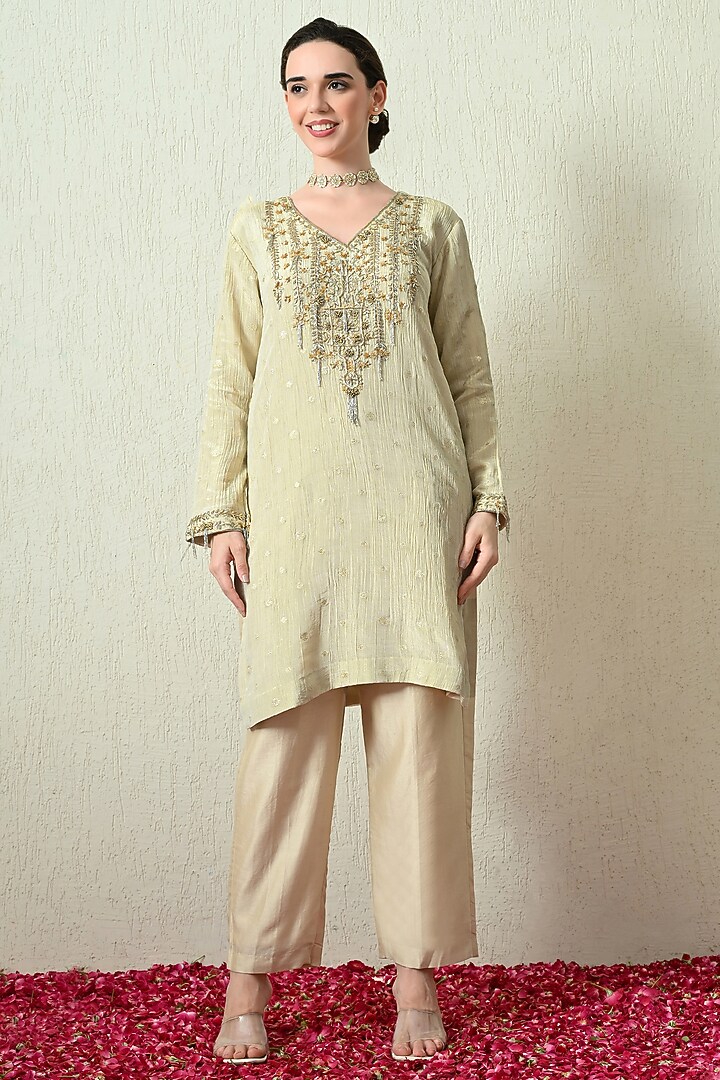 Ivory Crushed Tissue Silk Hand Embroidered Kurta Set by OHH CROW INDIA at Pernia's Pop Up Shop