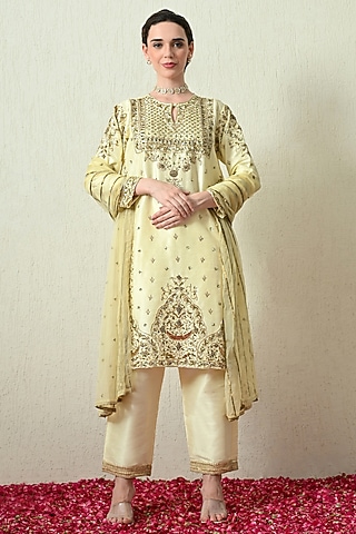 Butter Yellow Raw Silk Hand Embroidered Kurta Set by OHH CROW INDIA