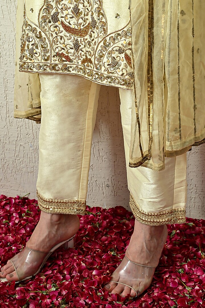 Butter Yellow Raw Silk Hand Embroidered Kurta Set by OHH CROW INDIA at Pernia's Pop Up Shop