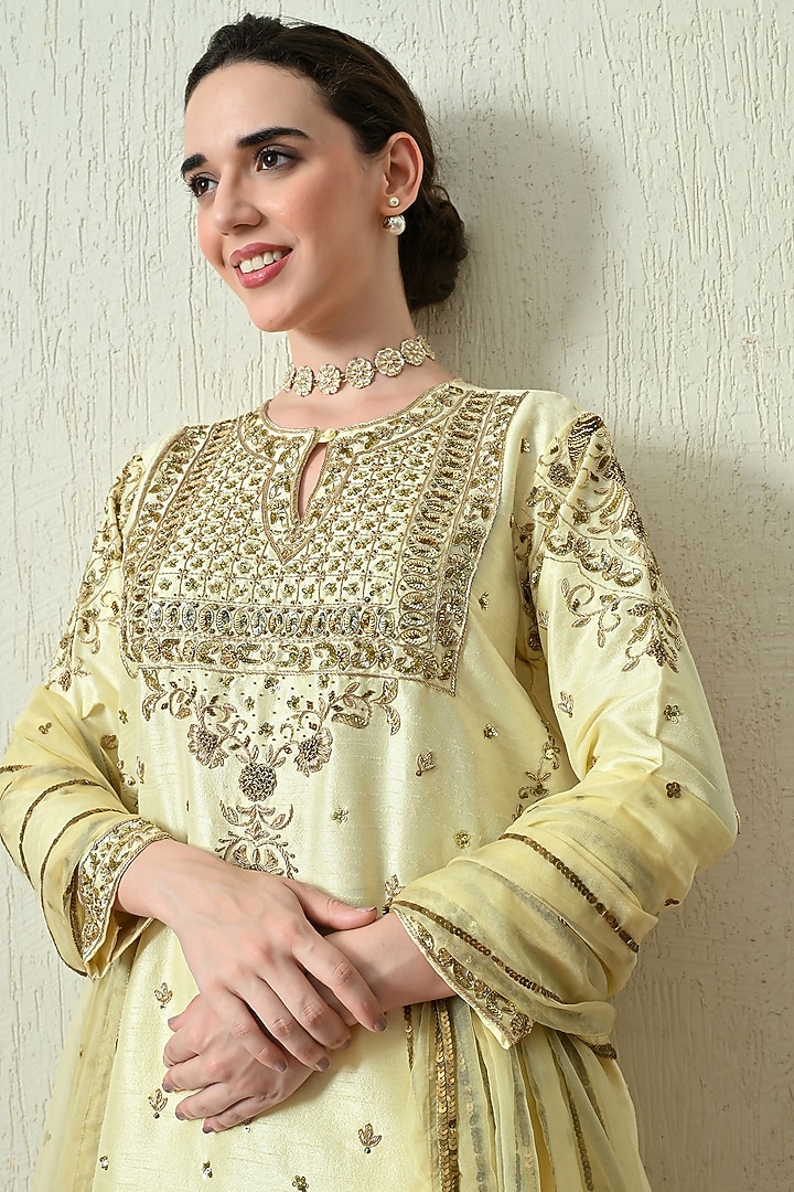Butter Yellow Raw Silk Hand Embroidered Kurta Set by OHH CROW INDIA at Pernia's Pop Up Shop