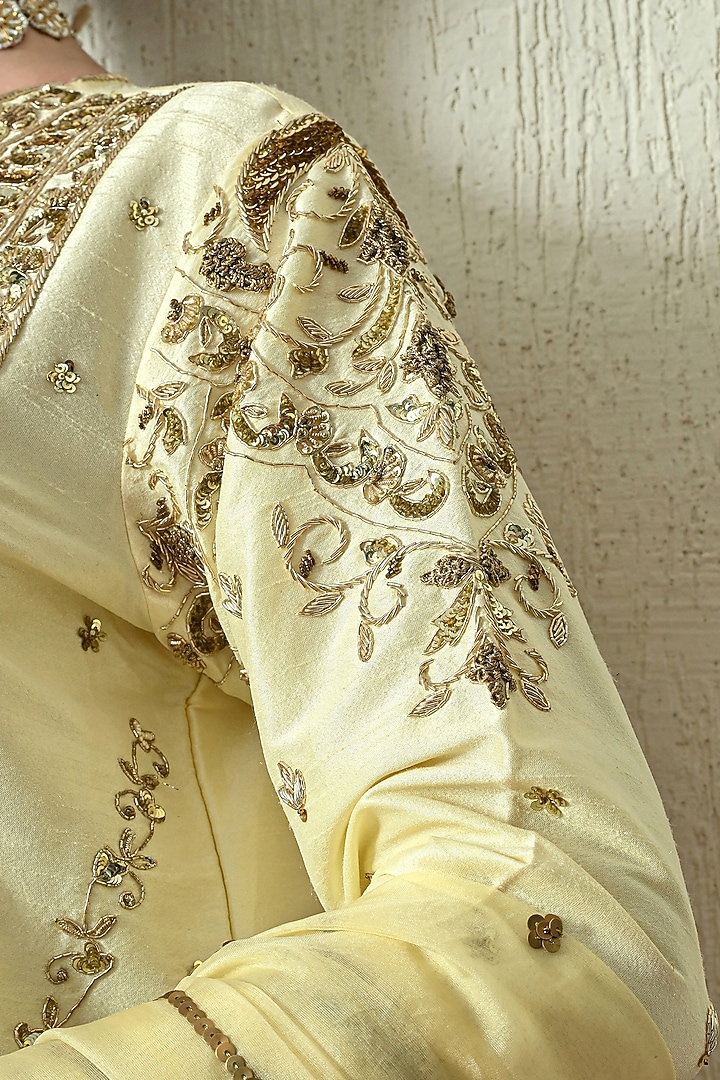 Butter Yellow Raw Silk Hand Embroidered Kurta Set by OHH CROW INDIA at Pernia's Pop Up Shop
