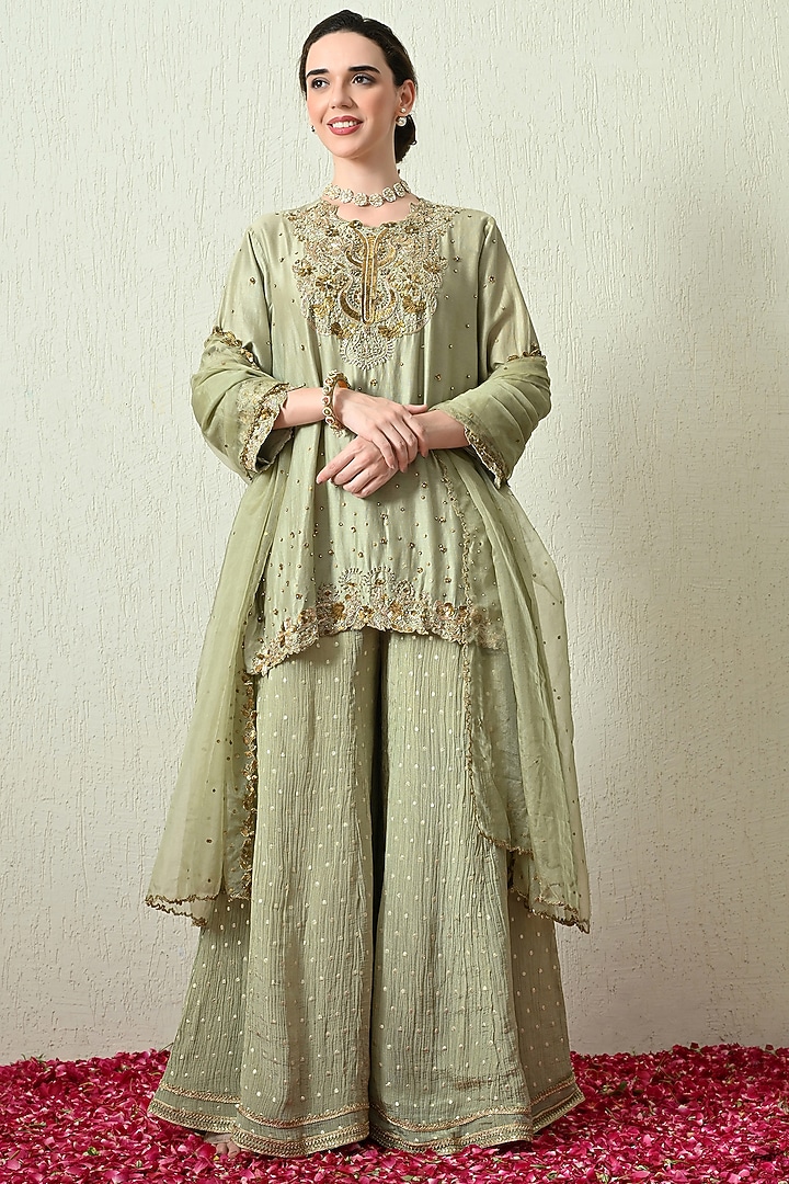 Mint Green Tissue Silk Wedding Sharara Set by OHH CROW INDIA at Pernia's Pop Up Shop