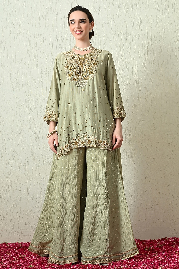 Mint Green Tissue Silk Wedding Sharara Set by OHH CROW INDIA at Pernia's Pop Up Shop