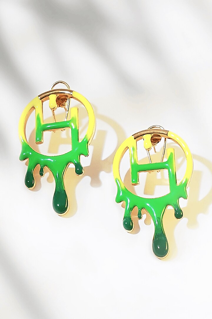Gold Finish Acid Green Enameled Earrings In Brass by Outhouse