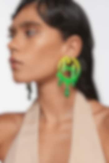 Gold Finish Acid Green Enameled Earrings In Brass by Outhouse at Pernia's Pop Up Shop