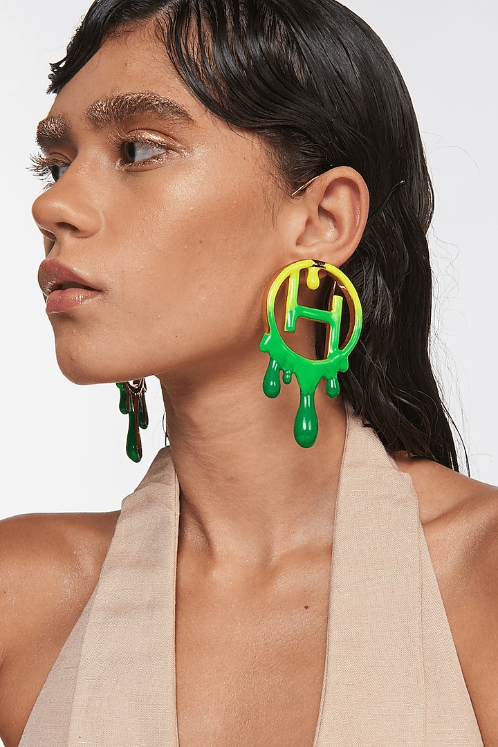 Gold Finish Acid Green Enameled Earrings In Brass by Outhouse at Pernia's Pop Up Shop