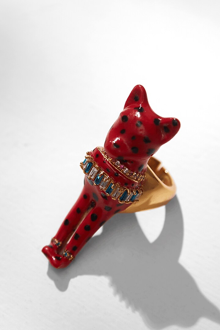 Gold Finish Fiery Red Enameled Ring by Outhouse at Pernia's Pop Up Shop