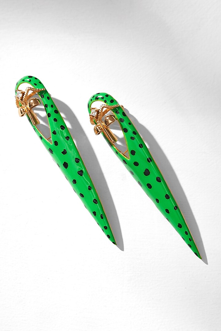 Gold Plated Green Enameled Zircon Earrings by Outhouse