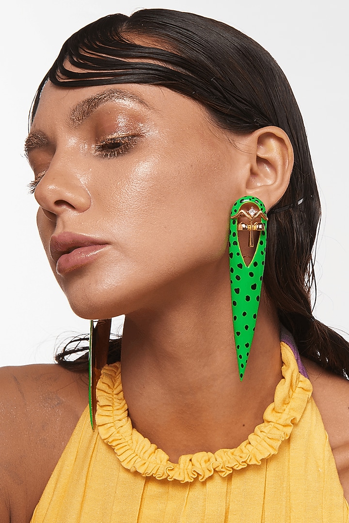 Gold Plated Green Enameled Zircon Earrings by Outhouse at Pernia's Pop Up Shop