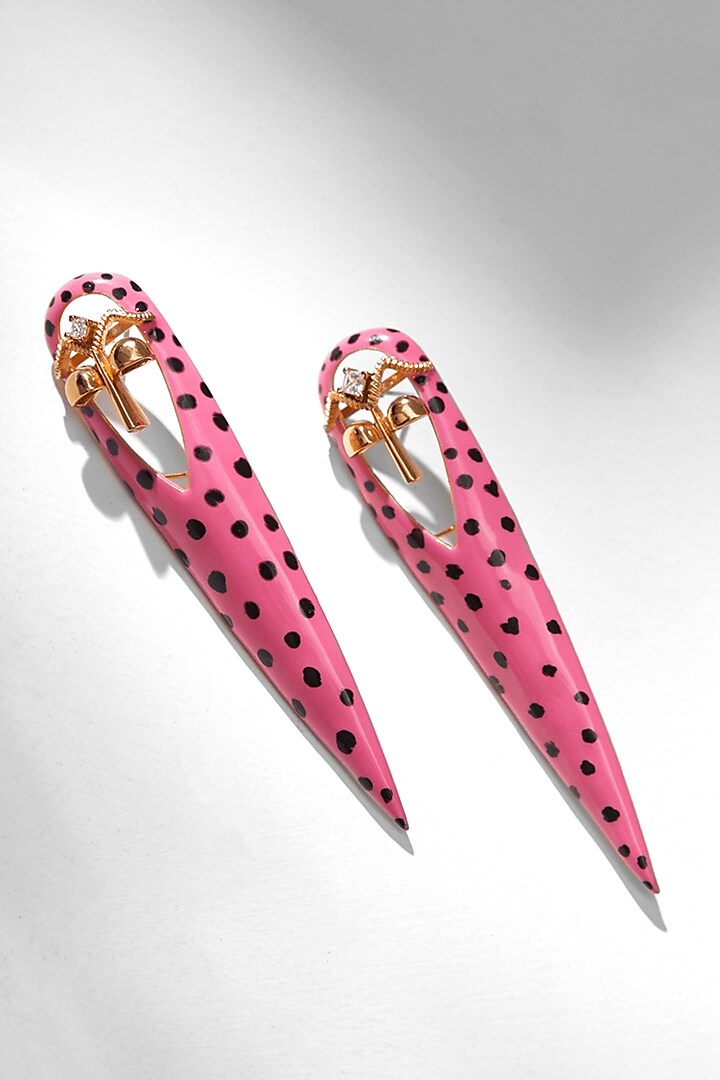 Gold Plated Pink Enameled Zircon Earrings by Outhouse