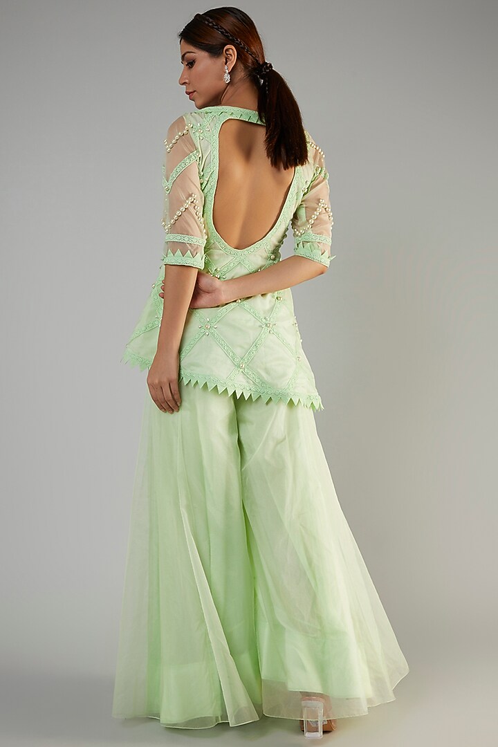 Matcha Organza & Crepe Party Wear Sharara Set by Ohaila Khan at Pernia's Pop Up Shop