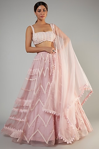 Rose Organza & Crepe Embroidered Lehenga Set by Ohaila Khan