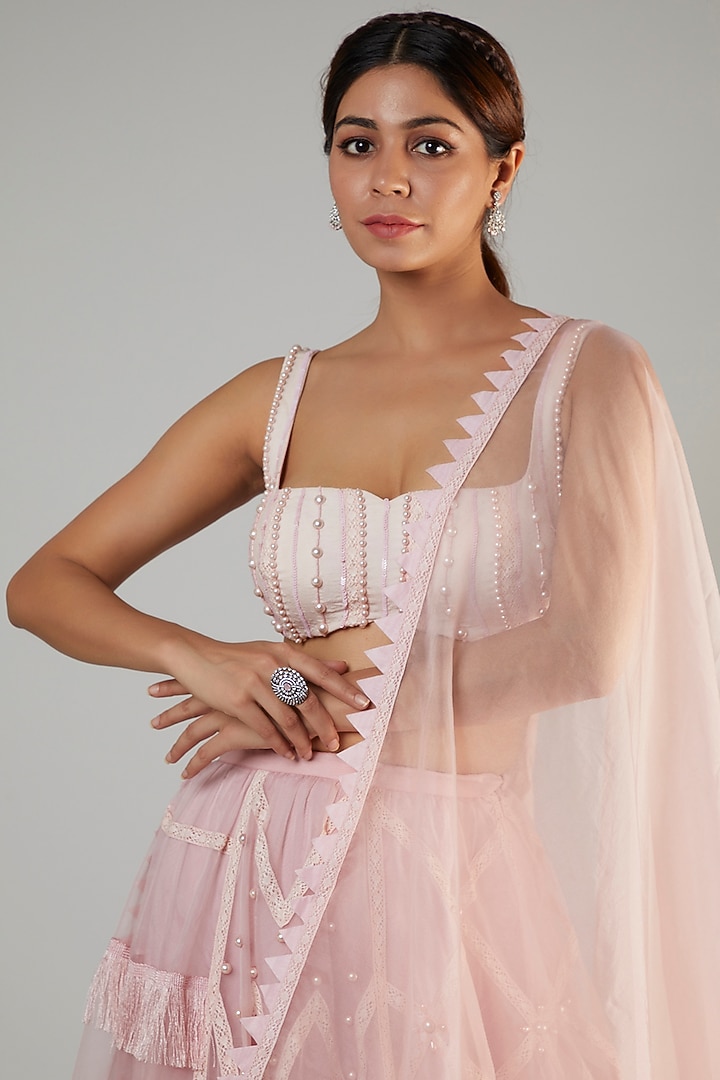 Rose Organza & Crepe Embroidered Wedding Lehenga Set by Ohaila Khan at Pernia's Pop Up Shop