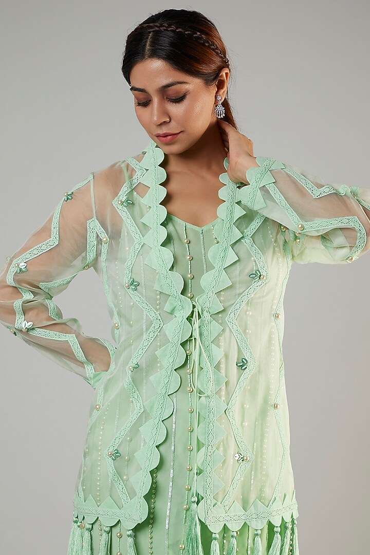 Mint Organza & Crepe Embroidered Kurta Set by Ohaila Khan at Pernia's Pop Up Shop