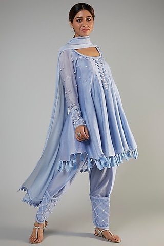 Blueberry Chanderi Embroidered Anarkali Set by Ohaila Khan