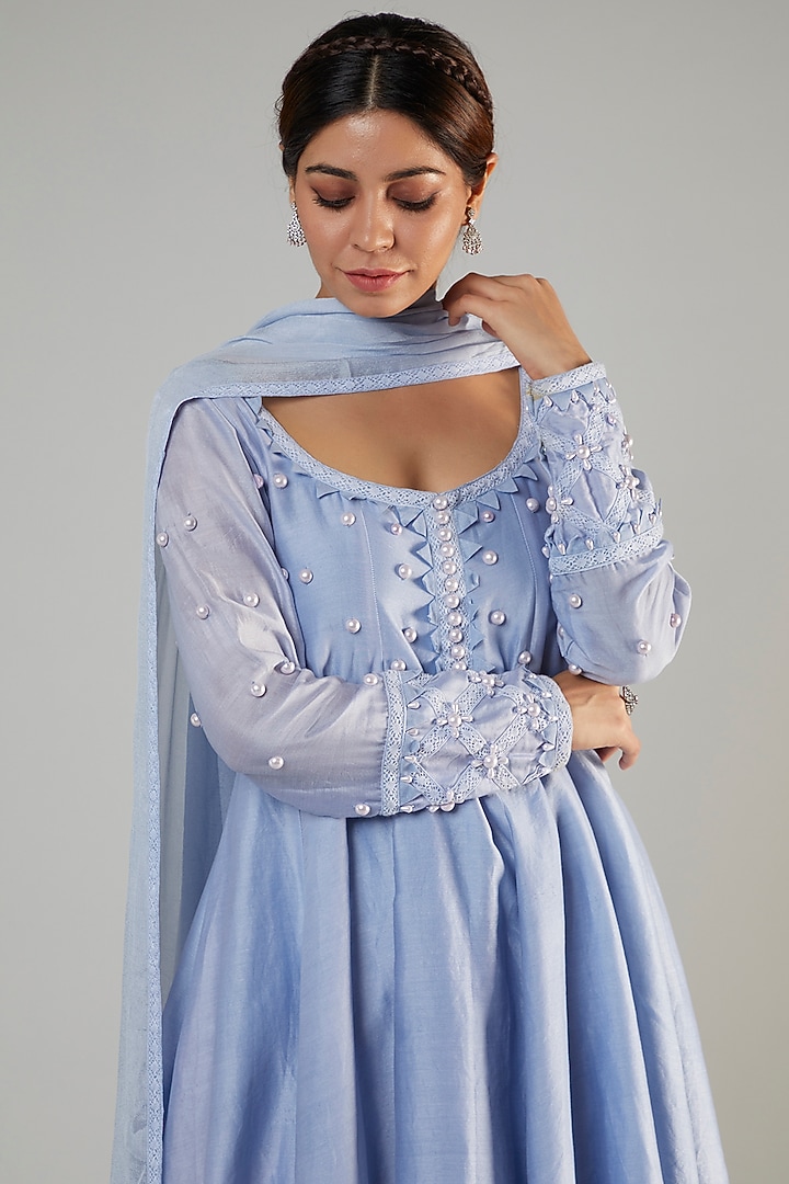 Blueberry Chanderi Embroidered Wedding Anarkali Set by Ohaila Khan at Pernia's Pop Up Shop