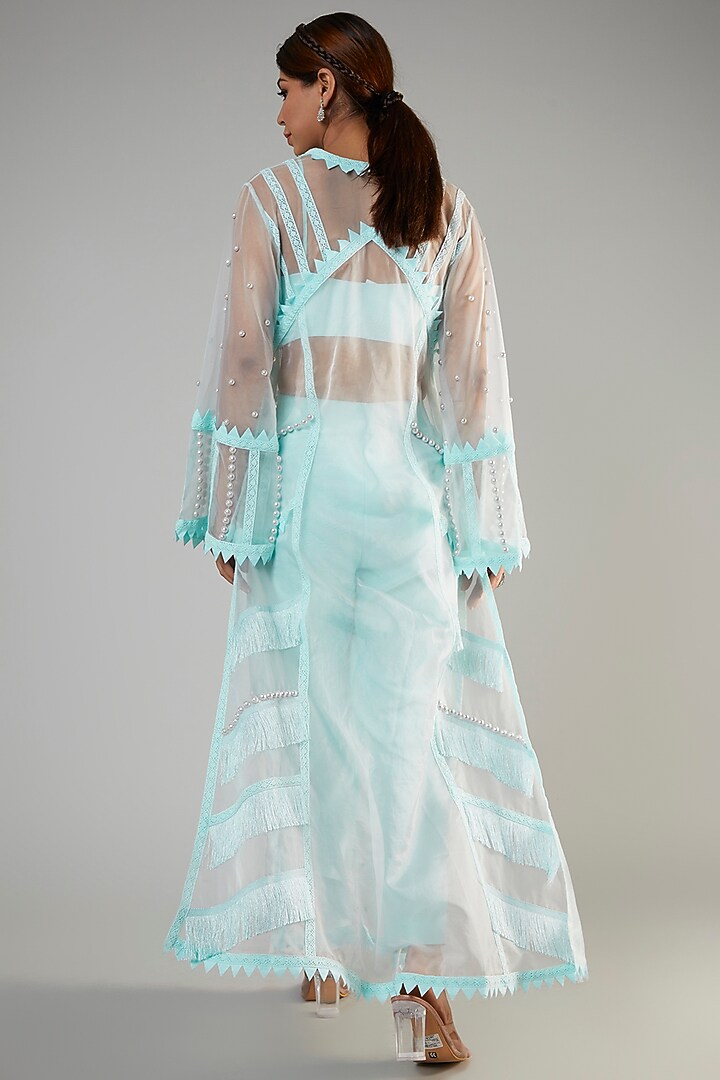 Blue Chanderi & Organza Embroidered Kurta Set by Ohaila Khan at Pernia's Pop Up Shop