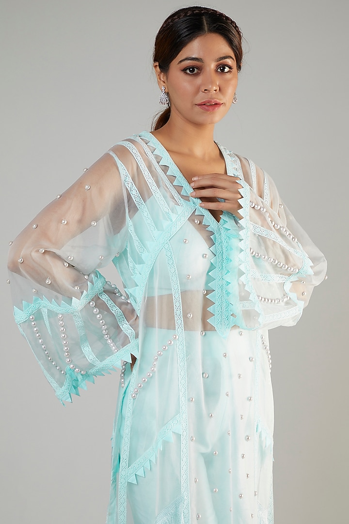 Blue Chanderi & Organza Embroidered Kurta Set by Ohaila Khan at Pernia's Pop Up Shop