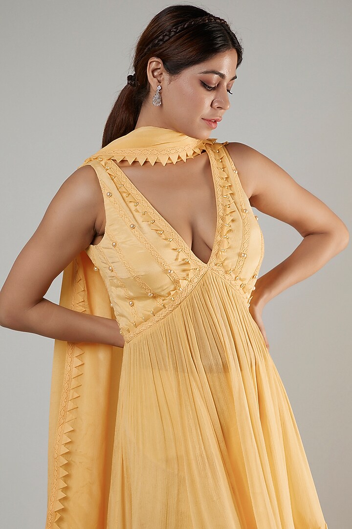 Butter Scotch Chiffon & Crepe Embroidered Party Wear Anarkali Set by Ohaila Khan at Pernia's Pop Up Shop