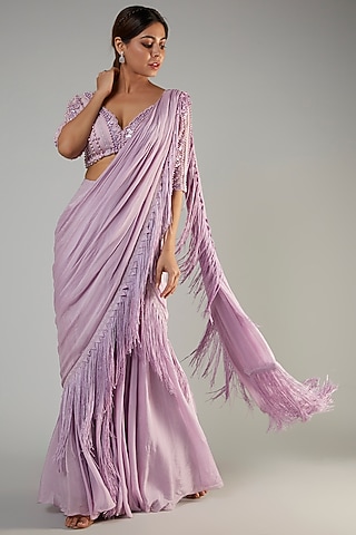 Grape Chiffon & Tulle Saree Set by Ohaila Khan