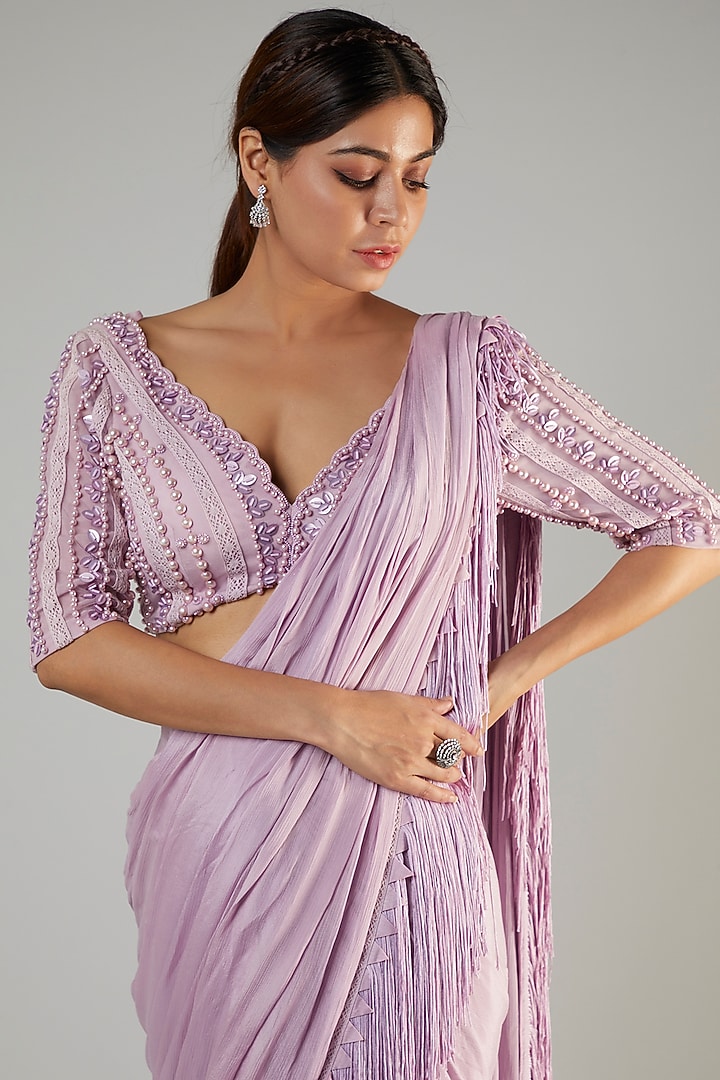 Grape Chiffon & Tulle Wedding Saree Set by Ohaila Khan at Pernia's Pop Up Shop