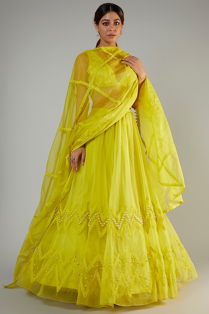 Limoncello Organza & Crepe Embroidered Lehenga Set by Ohaila Khan