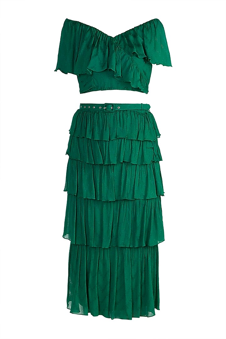 Jungle Green Frill Crop Top With Tiered Skirt by Ohaila Khan