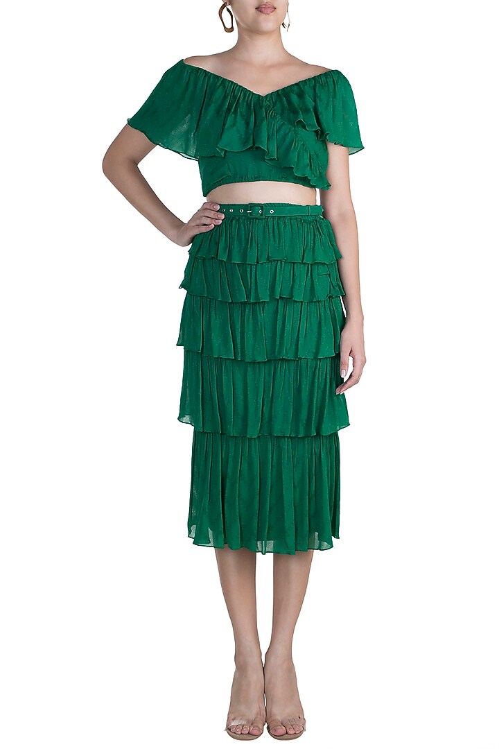Jungle Green Frill Crop Top With Tiered Skirt by Ohaila Khan at Pernia's Pop Up Shop