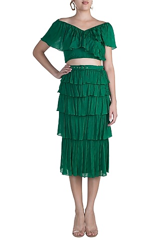Jungle Green Frill Crop Top With Tiered Skirt by Ohaila Khan